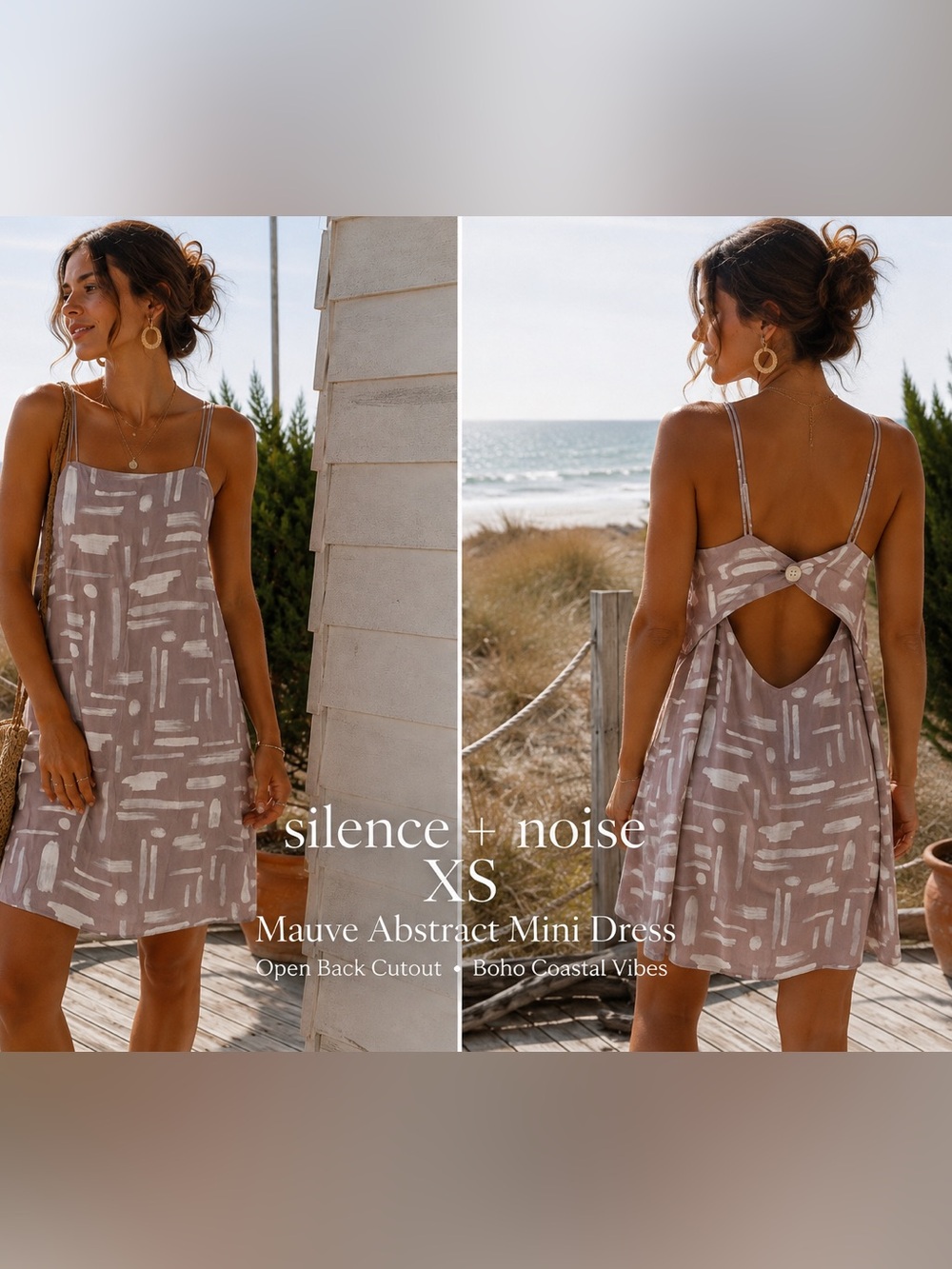 Silence + Noise XS Mauve Abstract Print Open Back Cutout Mini Dress Boho Coastal